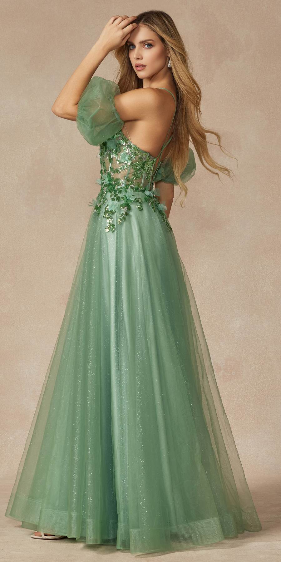 Juliet 2401 Floor Length A-Line Tulle Gown with Detachable Puff Sleeves by DiscountDressShop