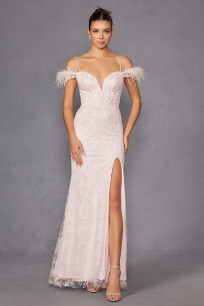 Juliet 2402 Glitter Leaf Sequin Gown with Feathered Sleeves and Slit by DiscountDressShop