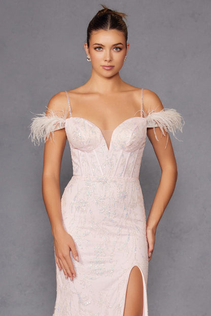Juliet 2402 Glitter Leaf Sequin Gown with Feathered Sleeves and Slit by DiscountDressShop