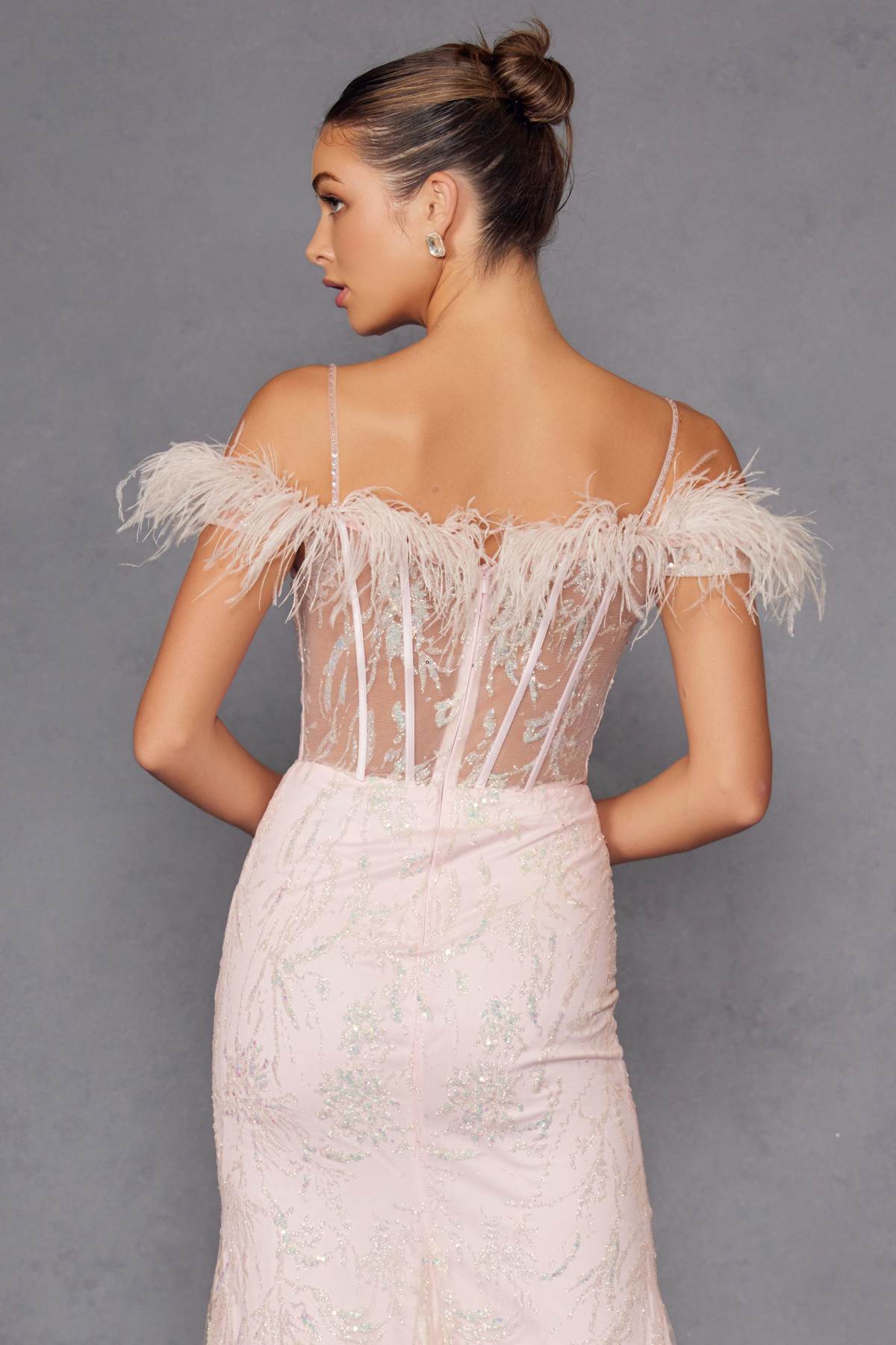 Juliet 2402 Glitter Leaf Sequin Gown with Feathered Sleeves and Slit by DiscountDressShop