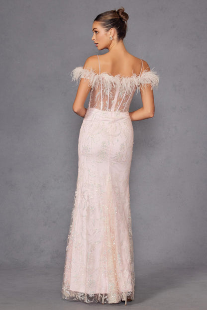 Juliet 2402 Glitter Leaf Sequin Gown with Feathered Sleeves and Slit by DiscountDressShop