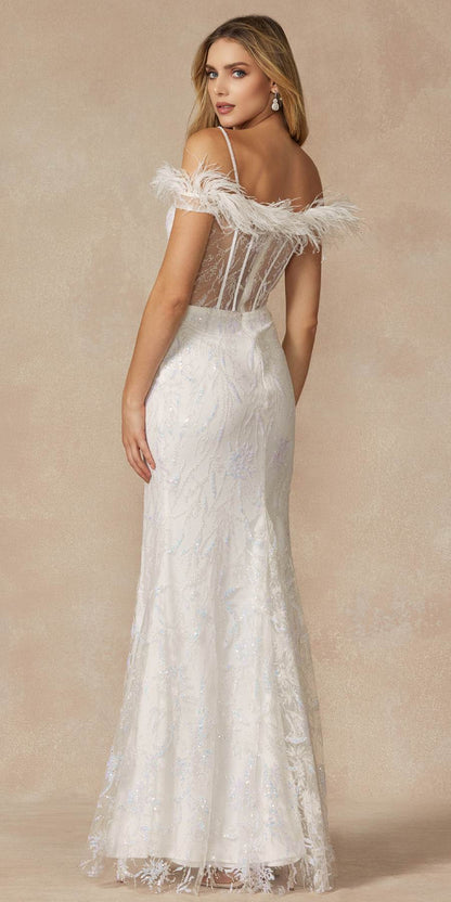 Juliet 2402 Glitter Leaf Sequin Gown with Feathered Sleeves and Slit by DiscountDressShop