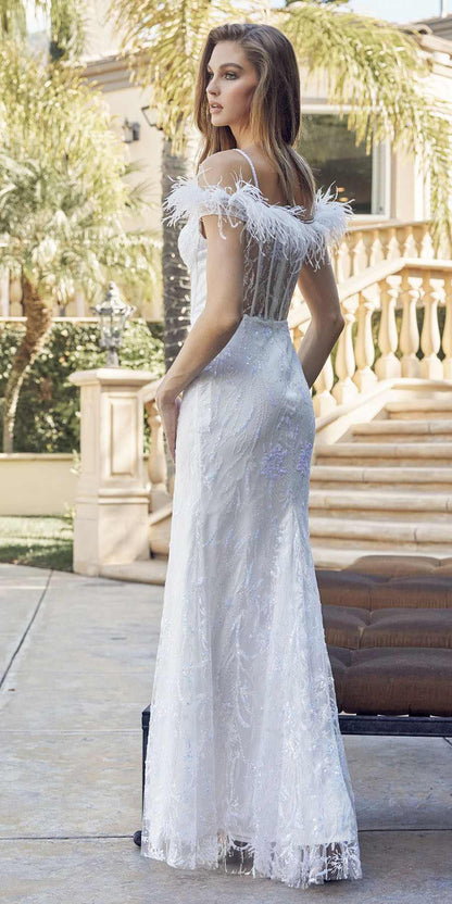 Juliet 2402 Glitter Leaf Sequin Gown with Feathered Sleeves and Slit by DiscountDressShop