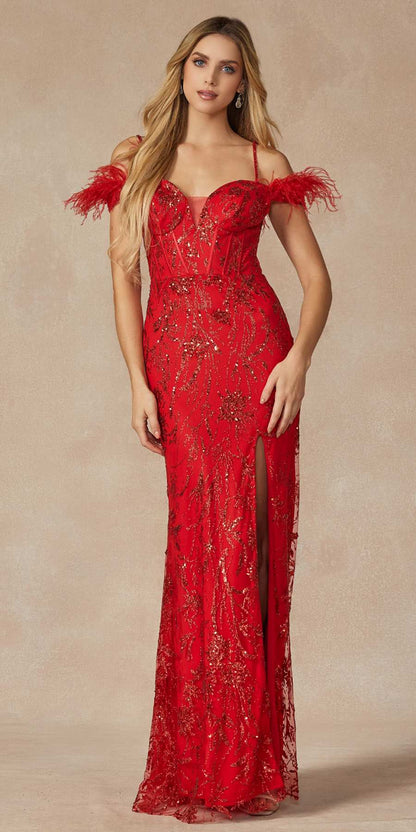 Juliet 2402 Glitter Leaf Sequin Gown with Feathered Sleeves and Slit by DiscountDressShop
