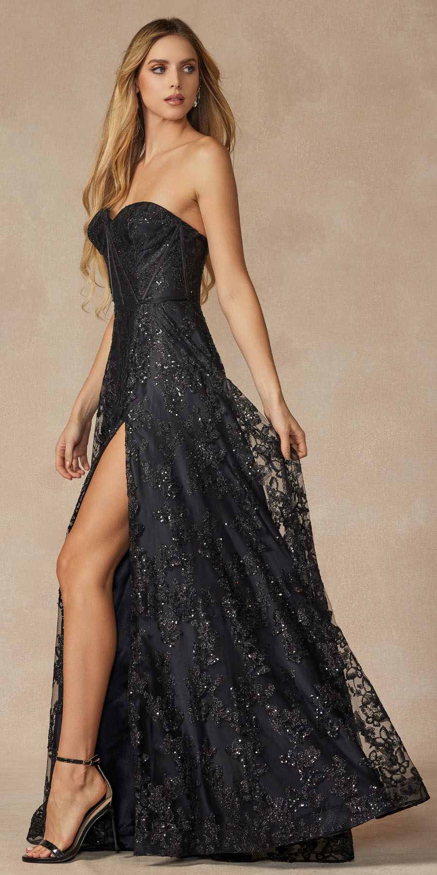 Juliet 2403 Long Butterfly Glitter Embroidered Gown with Corset Top by DiscountDressShop