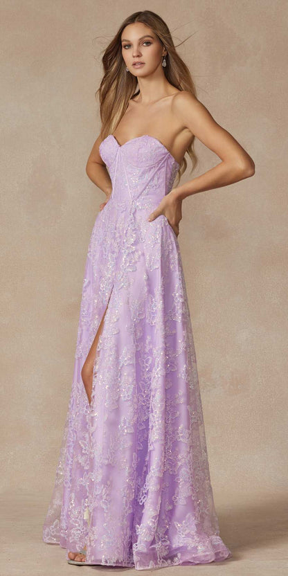 Juliet 2403 Long Butterfly Glitter Embroidered Gown with Corset Top by DiscountDressShop
