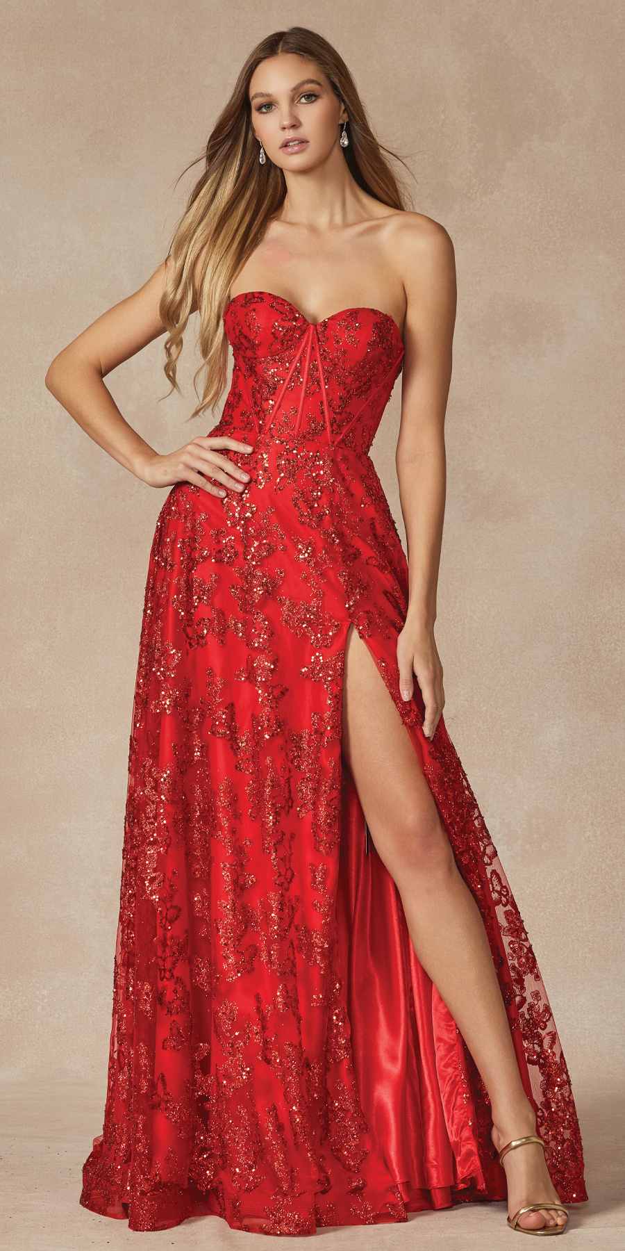 Juliet 2403 Long Butterfly Glitter Embroidered Gown with Corset Top by DiscountDressShop
