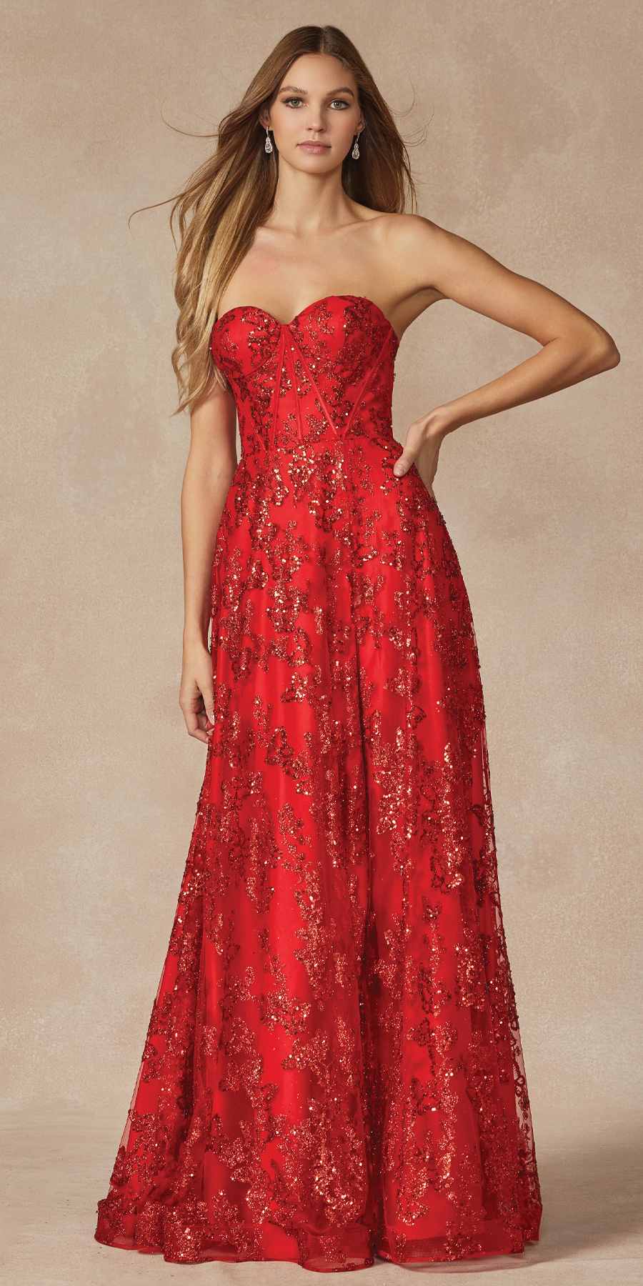 Juliet 2403 Long Butterfly Glitter Embroidered Gown with Corset Top by DiscountDressShop