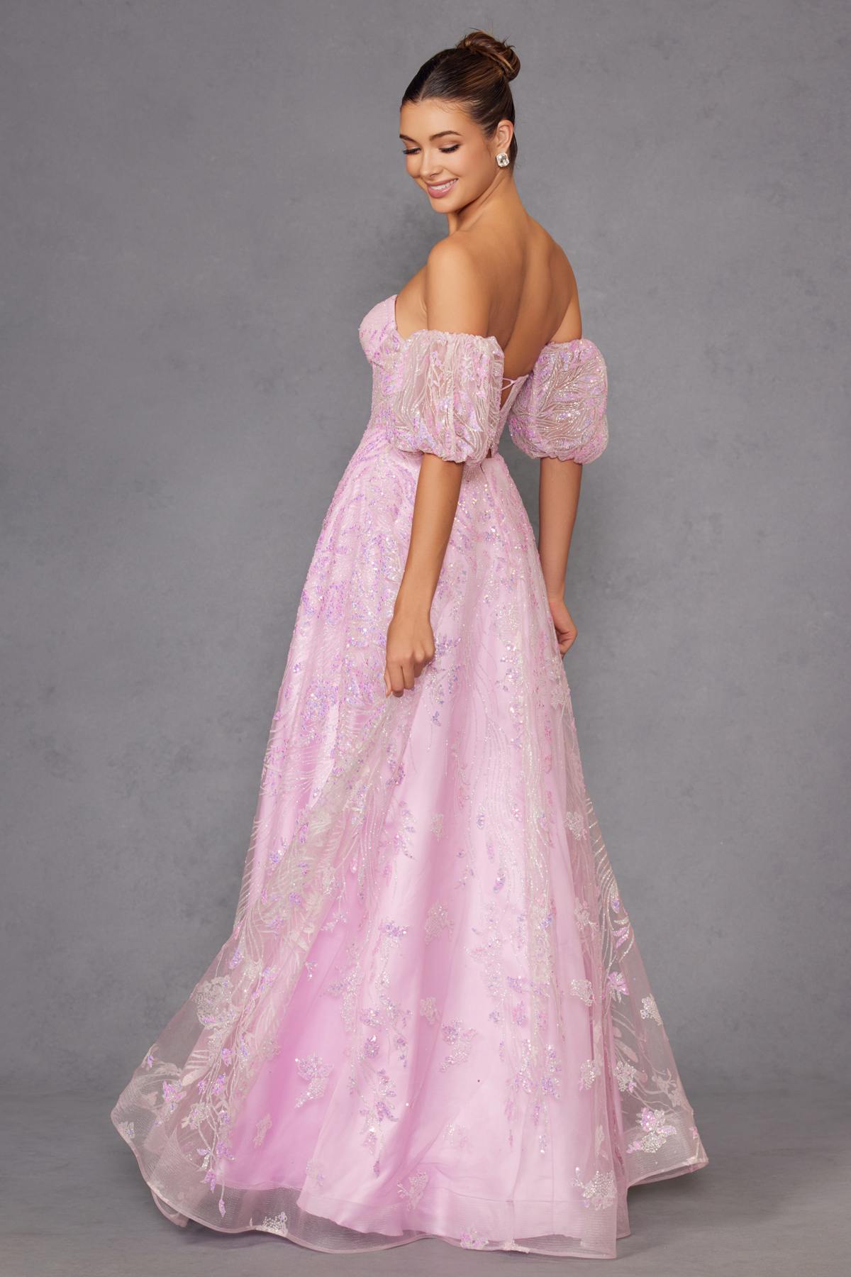 Juliet 2404 Strapless Sequin Tulle Ballgown Removable Puff Sleeves by DiscountDressShop