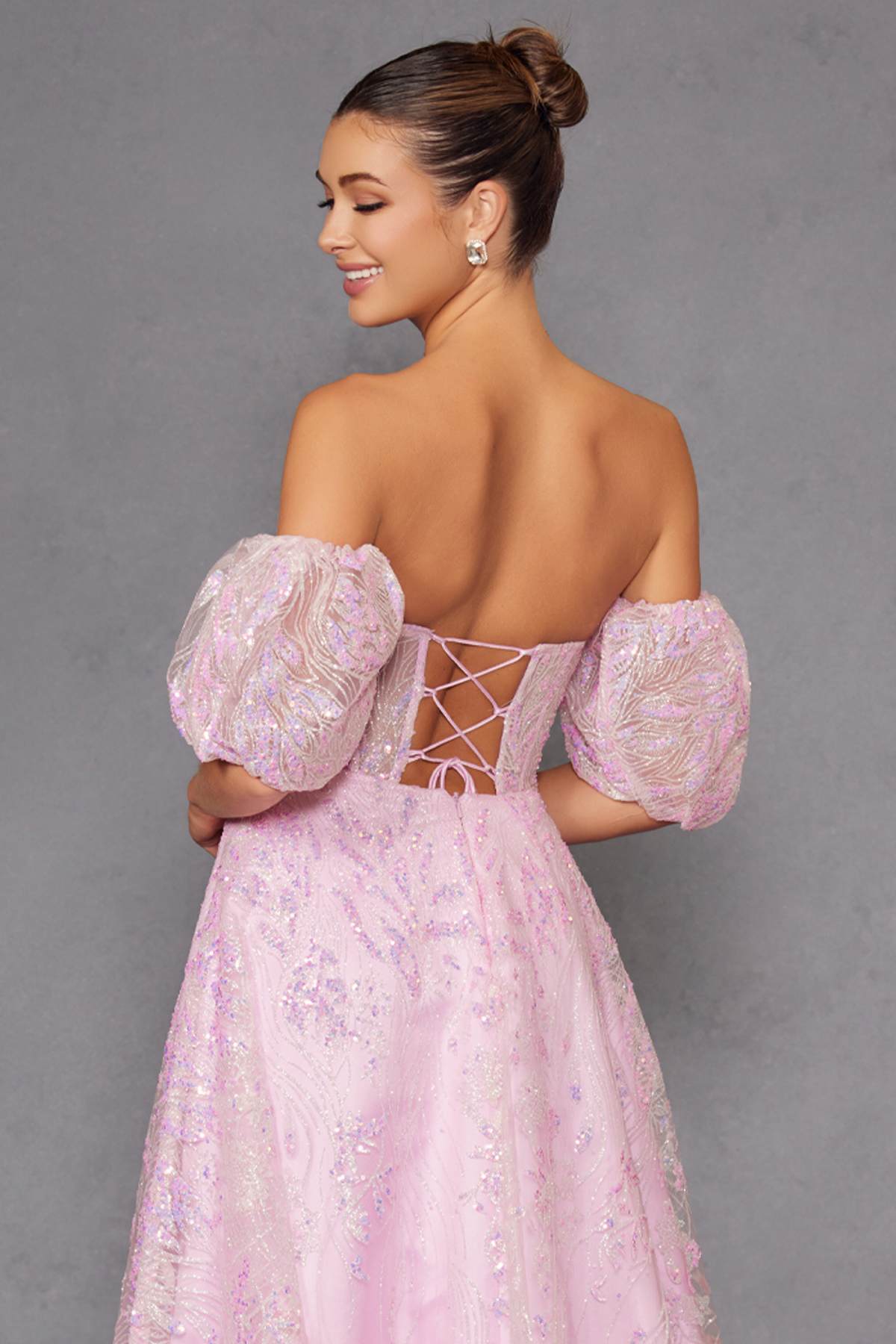 Juliet 2404 Strapless Sequin Tulle Ballgown Removable Puff Sleeves by DiscountDressShop