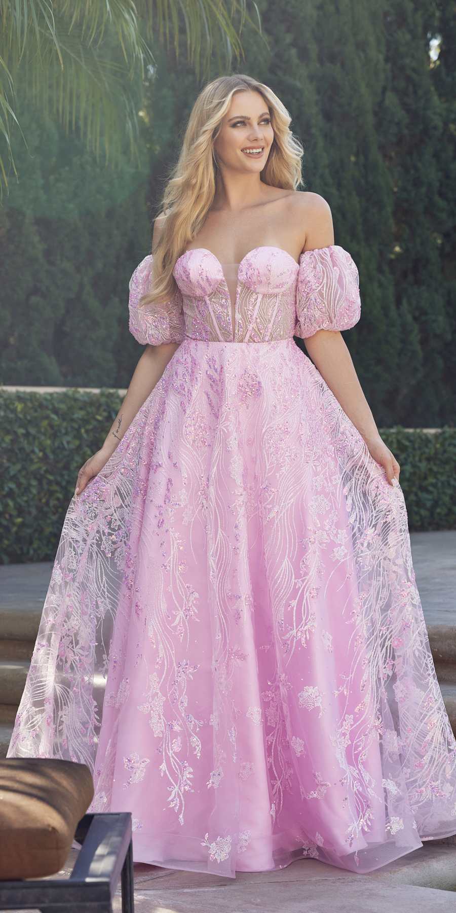 Juliet 2404 Strapless Sequin Tulle Ballgown Removable Puff Sleeves by DiscountDressShop