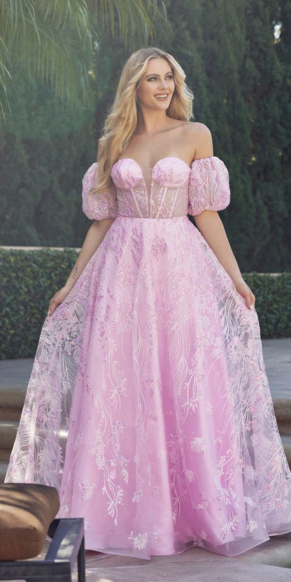 Juliet 2404 Strapless Sequin Tulle Ballgown Removable Puff Sleeves by DiscountDressShop