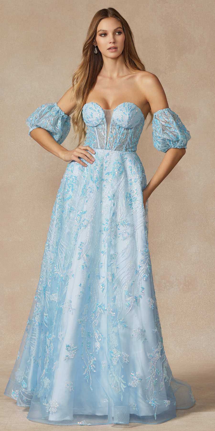 Juliet 2404 Strapless Sequin Tulle Ballgown Removable Puff Sleeves by DiscountDressShop
