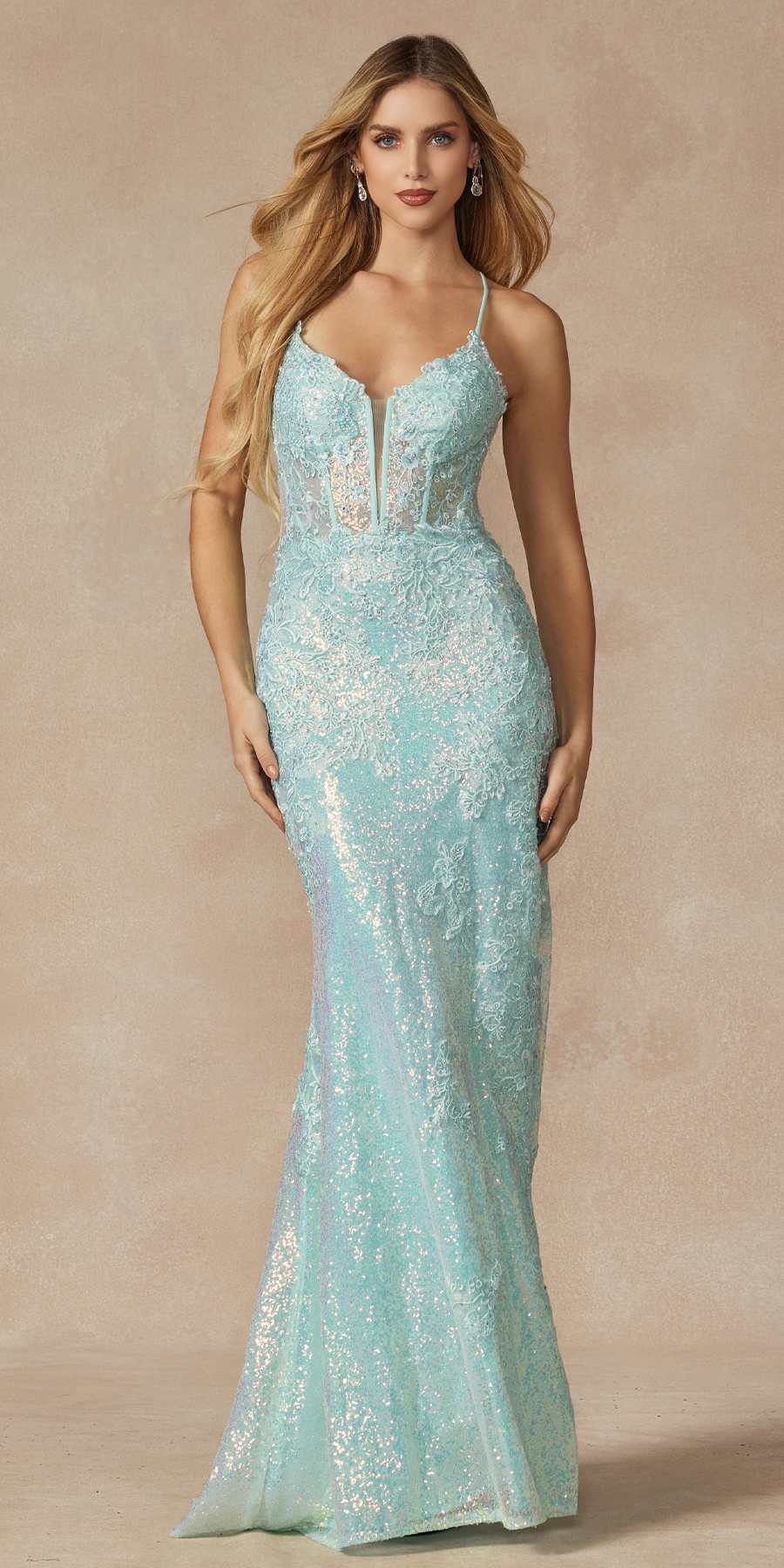 Juliet 2405 Machine Sequin Lace Embellishments High Slit Prom Gown by DiscountDressShop