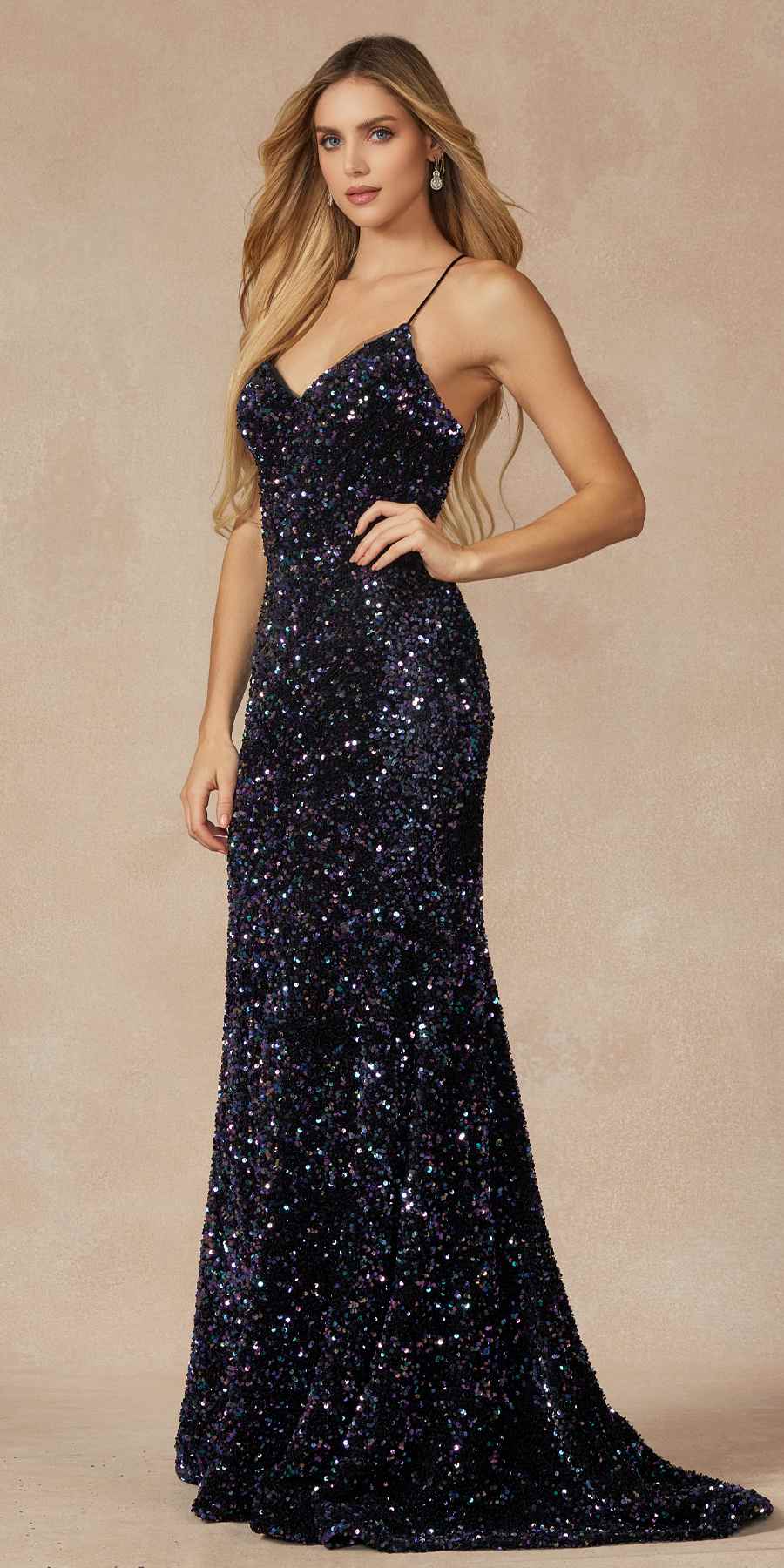 Juliet 2406 Velvet Sequin Fitted Gown V-Neckline Lace Up Back by DiscountDressShop