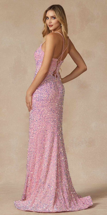 Juliet 2406 Velvet Sequin Fitted Gown V-Neckline Lace Up Back by DiscountDressShop