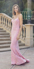 Juliet 2406 Velvet Sequin Fitted Gown V-Neckline Lace Up Back by DiscountDressShop