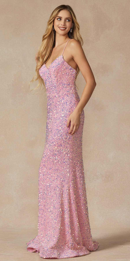 Juliet 2406 Velvet Sequin Fitted Gown V-Neckline Lace Up Back by DiscountDressShop