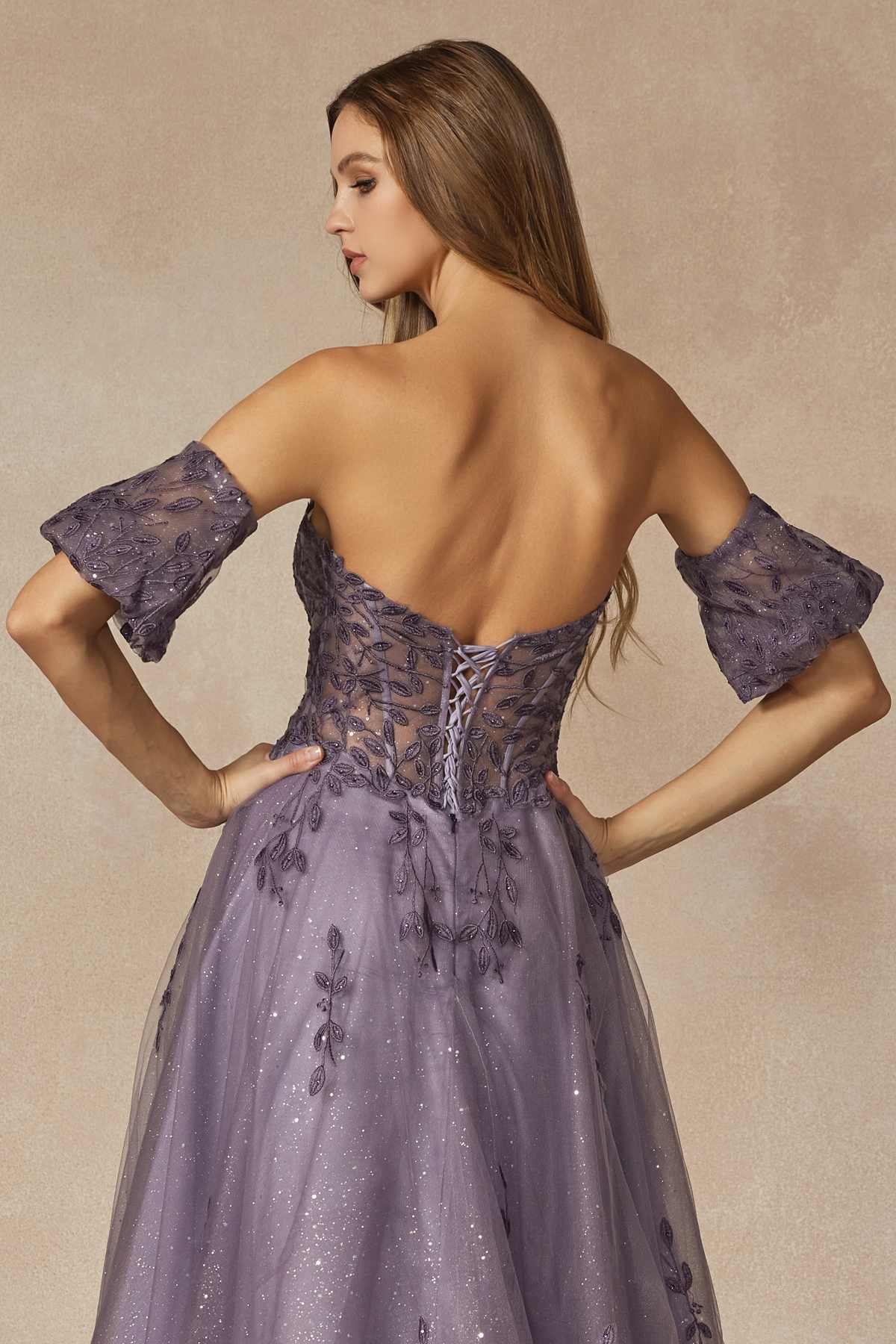 Juliet 2409 Floor Length A-Line Leaf Embroidered Gown Detachable Sleeves by DiscountDressShop