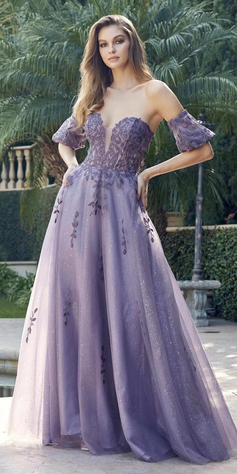 Juliet 2409 Floor Length A-Line Leaf Embroidered Gown Detachable Sleeves by DiscountDressShop