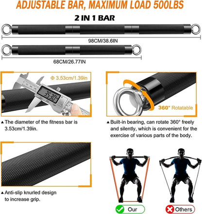 Resistance Band Bar Set - 500LBS Portable Full Body Workout Kit with Adjustable Bar & 4 Bands