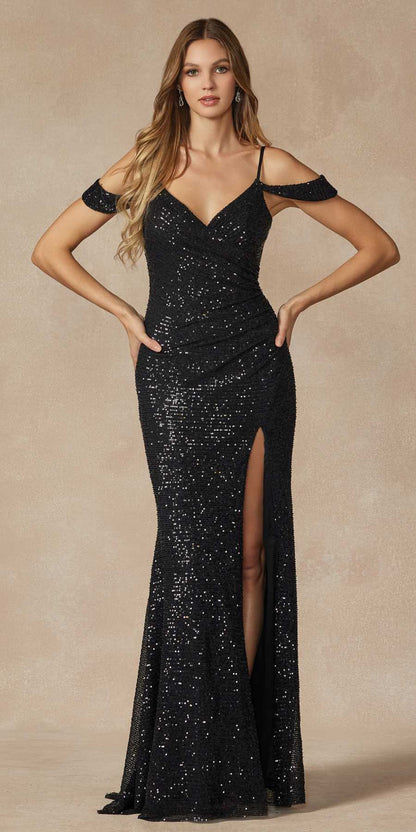 Juliet 2410 Long Off the Shoulder Sequin Gown with Skirt Slit by DiscountDressShop