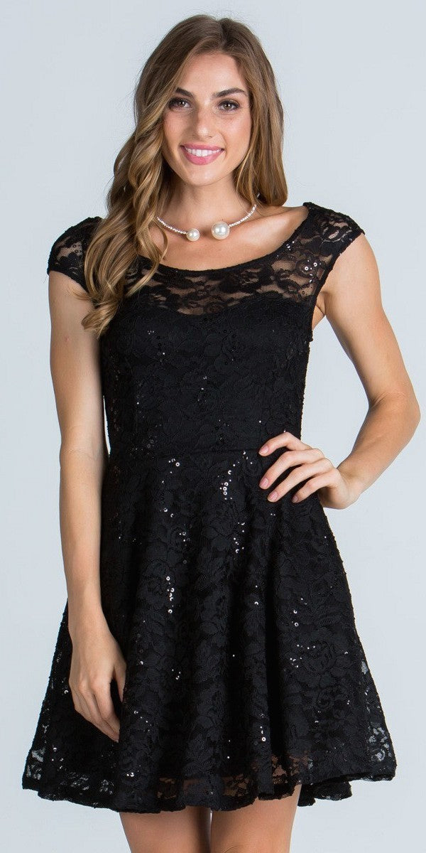 CLEARANCE - La Scala 24111 Lace Cap Sleeves Short Black Dress by DiscountDressShop