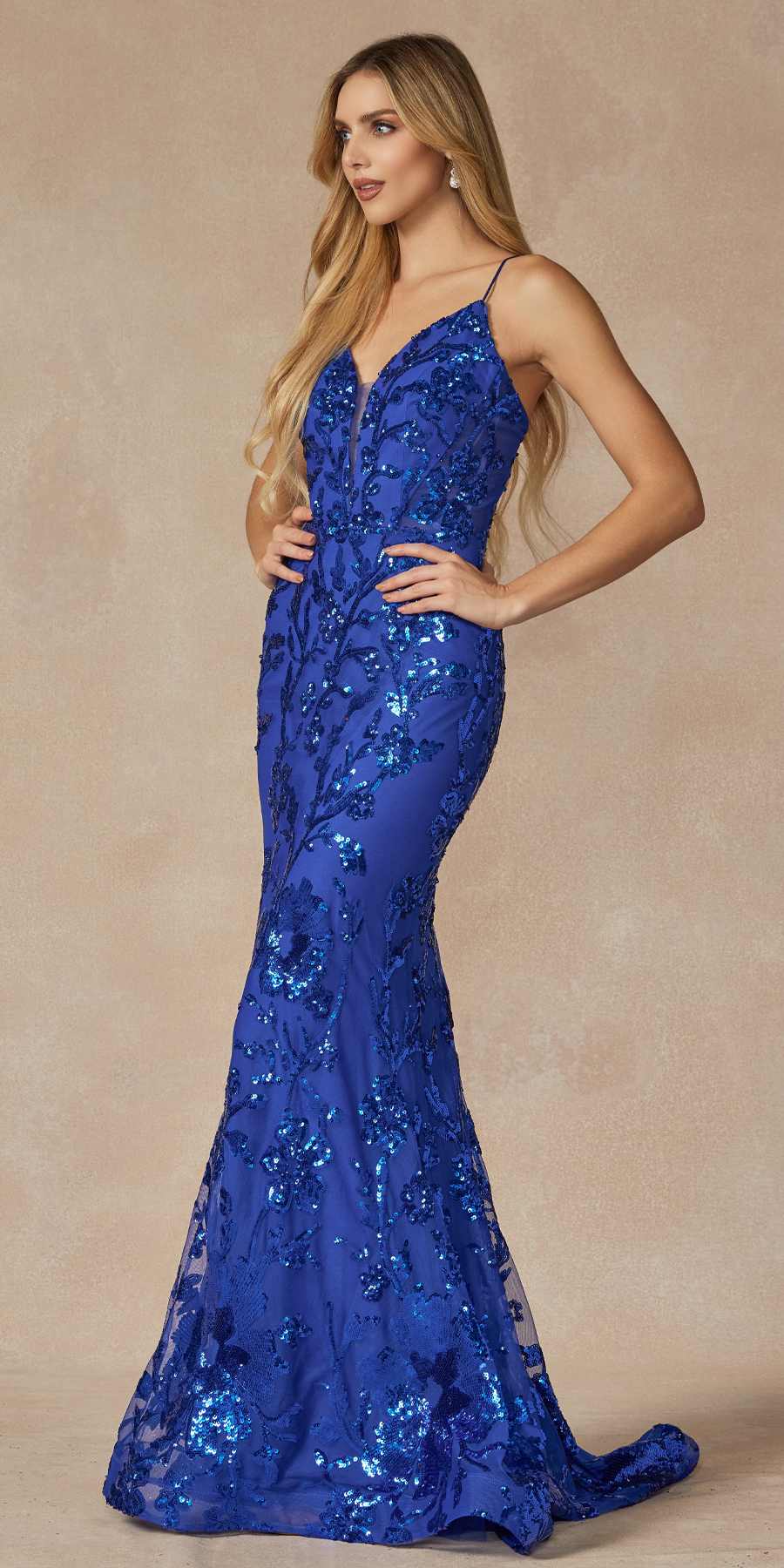 Juliet 2411 Long Sequin Lace Embellishments Fitted Prom Gown by DiscountDressShop