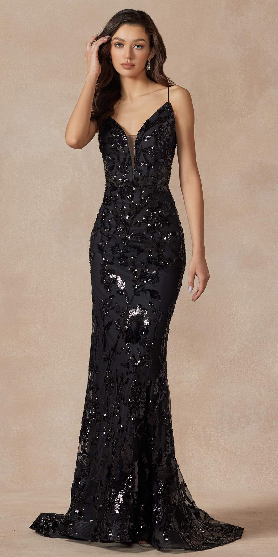 Juliet 2411 Long Sequin Lace Embellishments Fitted Prom Gown by DiscountDressShop