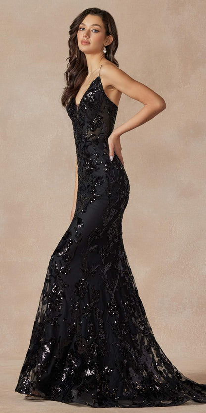 Juliet 2411 Long Sequin Lace Embellishments Fitted Prom Gown by DiscountDressShop