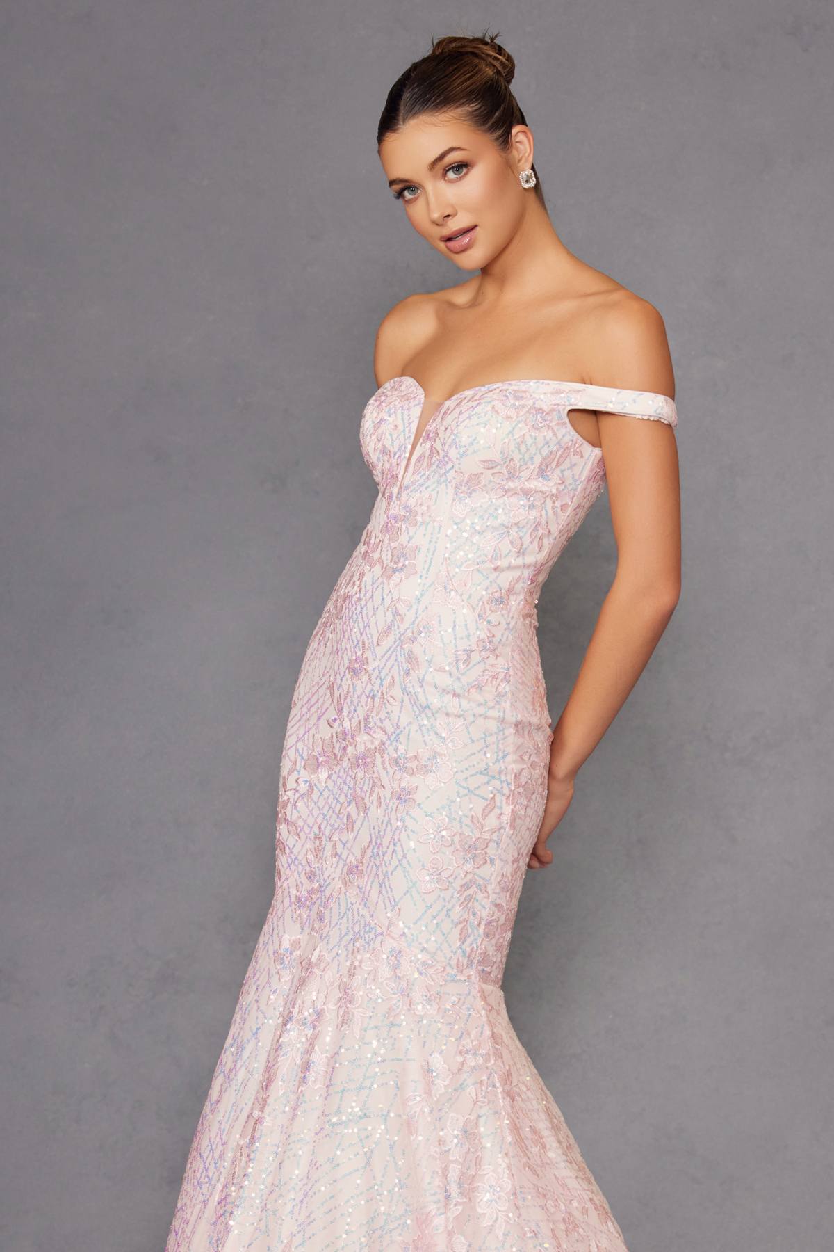 Juliet 2412 Mermaid Gown Plunging Deep V Illusion Neckline Off the Shoulder by DiscountDressShop
