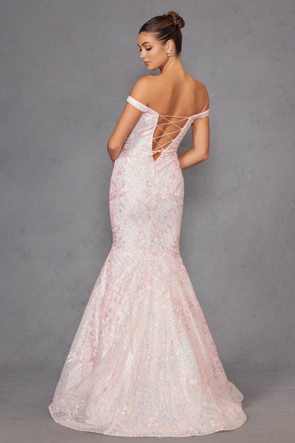 Juliet 2412 Mermaid Gown Plunging Deep V Illusion Neckline Off the Shoulder by DiscountDressShop