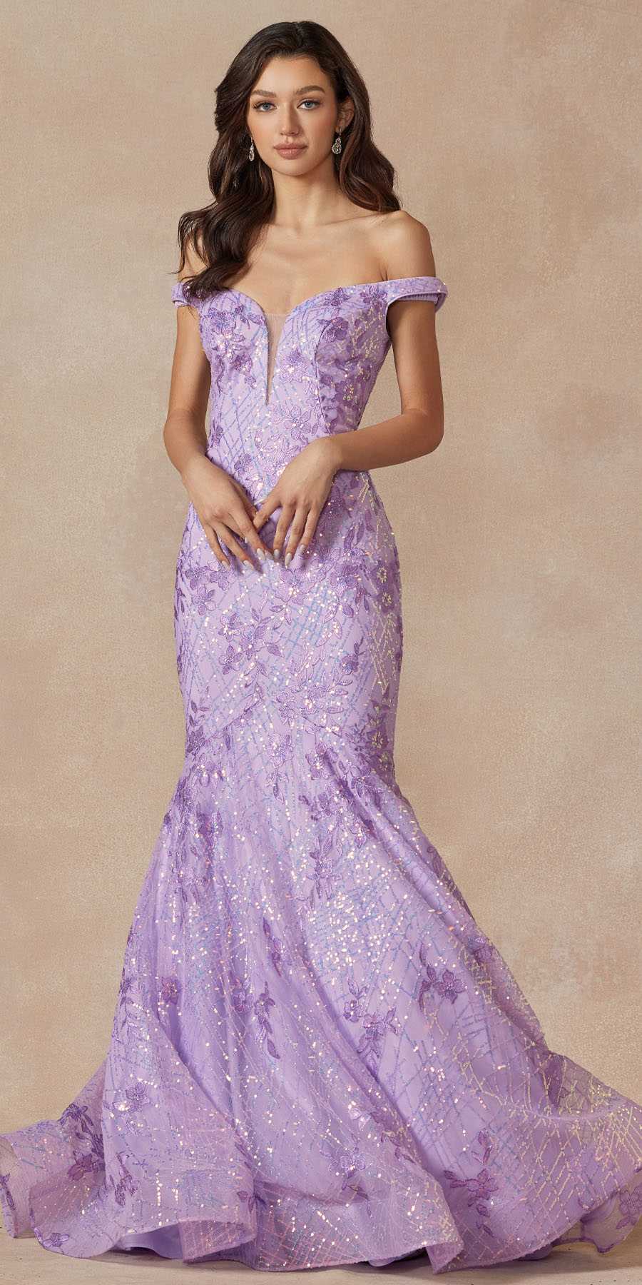 Juliet 2412 Mermaid Gown Plunging Deep V Illusion Neckline Off the Shoulder by DiscountDressShop