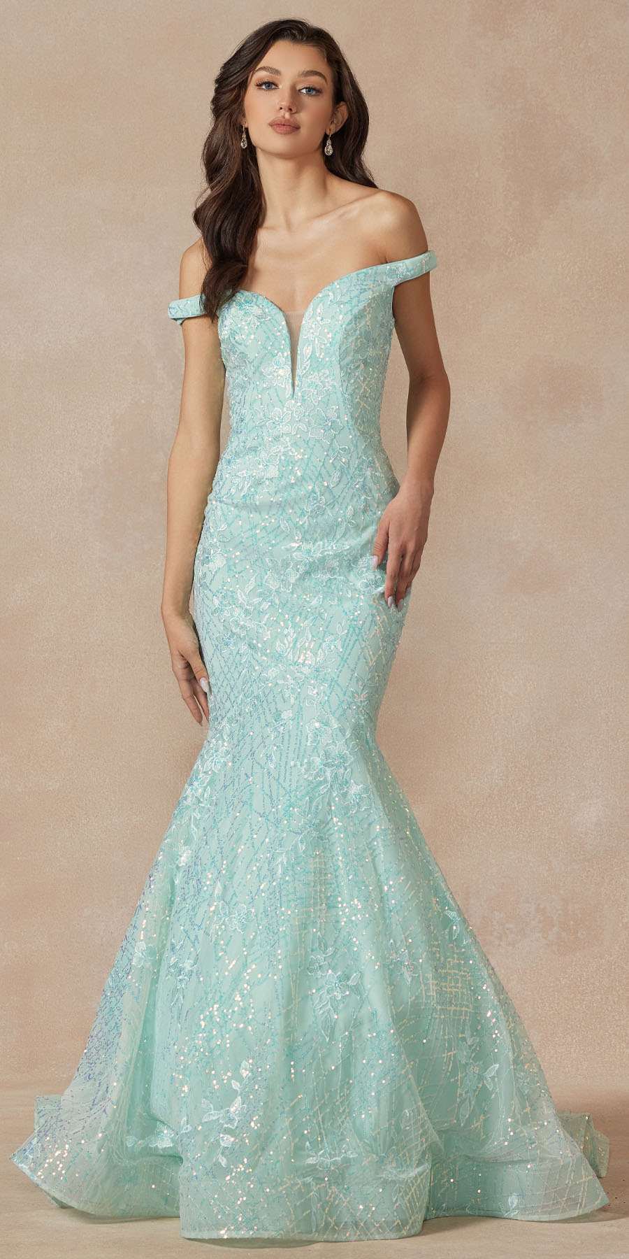 Juliet 2412 Mermaid Gown Plunging Deep V Illusion Neckline Off the Shoulder by DiscountDressShop