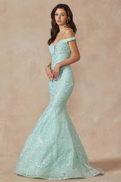 Juliet 2412 Mermaid Gown Plunging Deep V Illusion Neckline Off the Shoulder by DiscountDressShop