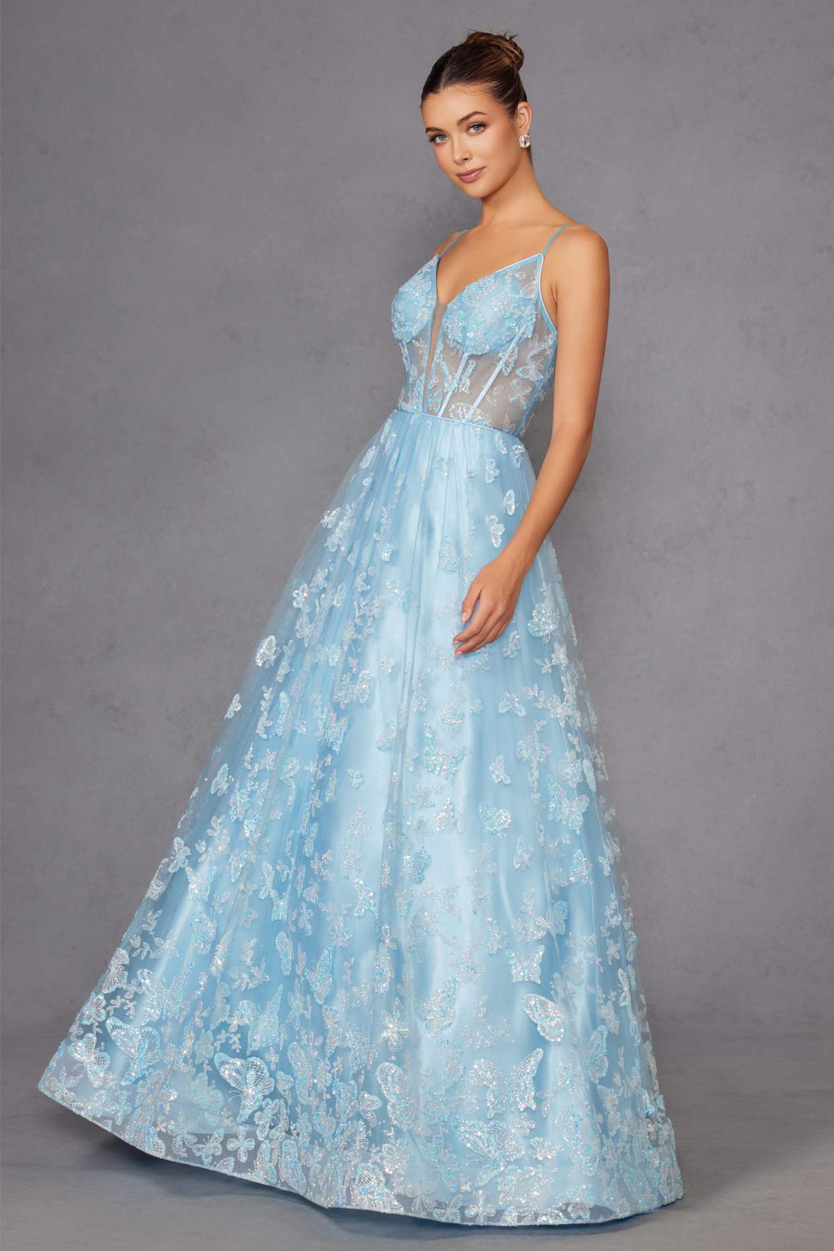 Juliet 2413 Long Butterfly Glitter Embroidered A-Line Gown with Corset Top by DiscountDressShop