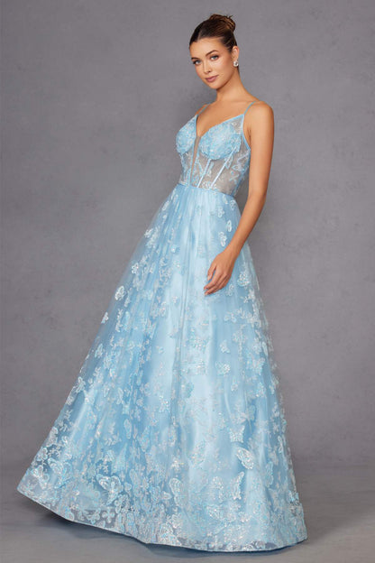 Juliet 2413 Long Butterfly Glitter Embroidered A-Line Gown with Corset Top by DiscountDressShop