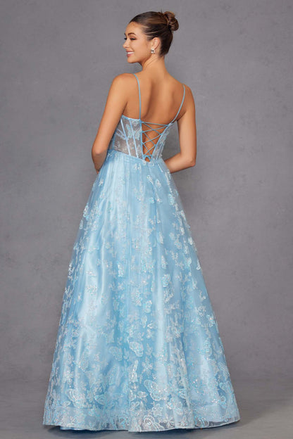 Juliet 2413 Long Butterfly Glitter Embroidered A-Line Gown with Corset Top by DiscountDressShop