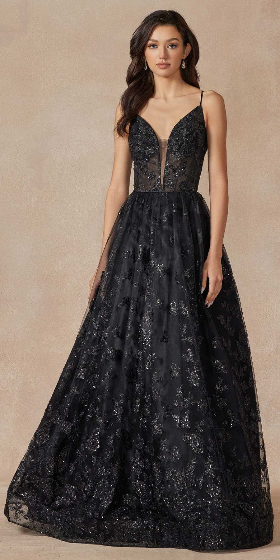 Juliet 2413 Long Butterfly Glitter Embroidered A-Line Gown with Corset Top by DiscountDressShop
