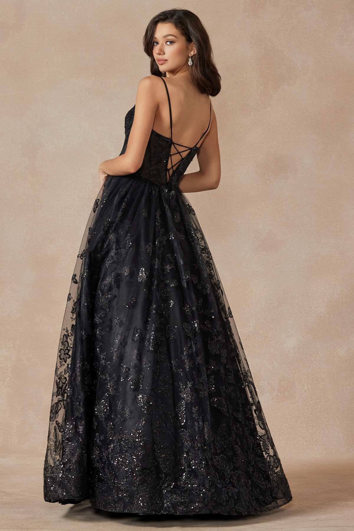 Juliet 2413 Long Butterfly Glitter Embroidered A-Line Gown with Corset Top by DiscountDressShop