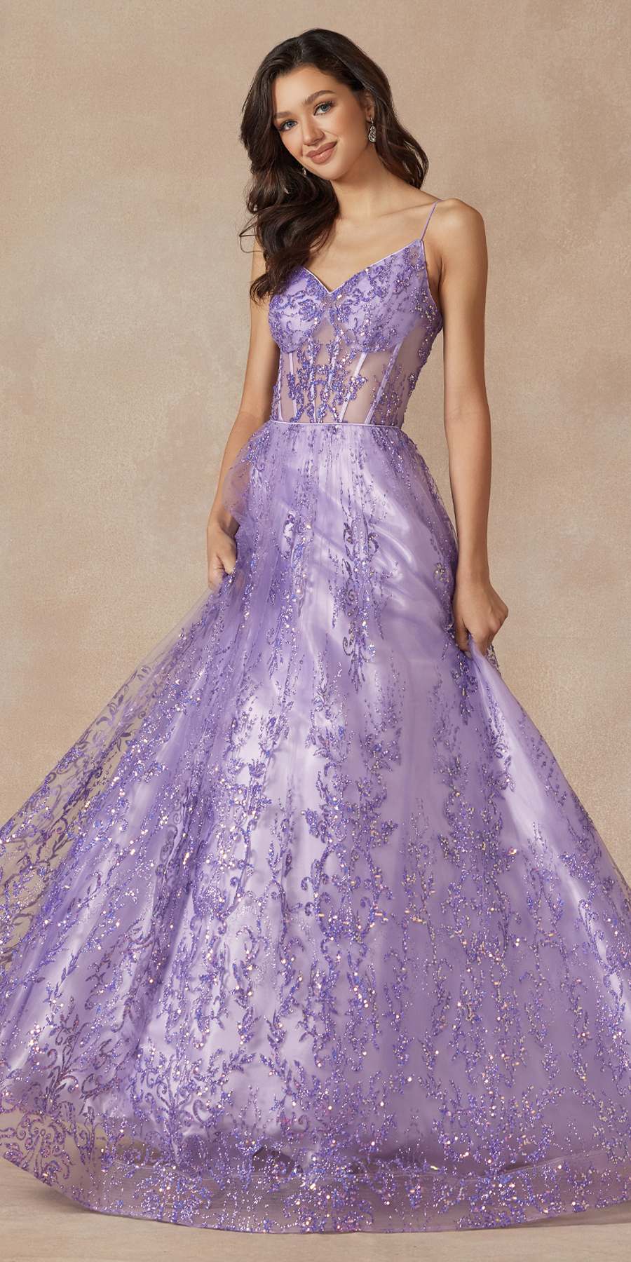 Juliet 2414 Floor Length A-Line Glitter Lace Tulle Ball Gown by DiscountDressShop