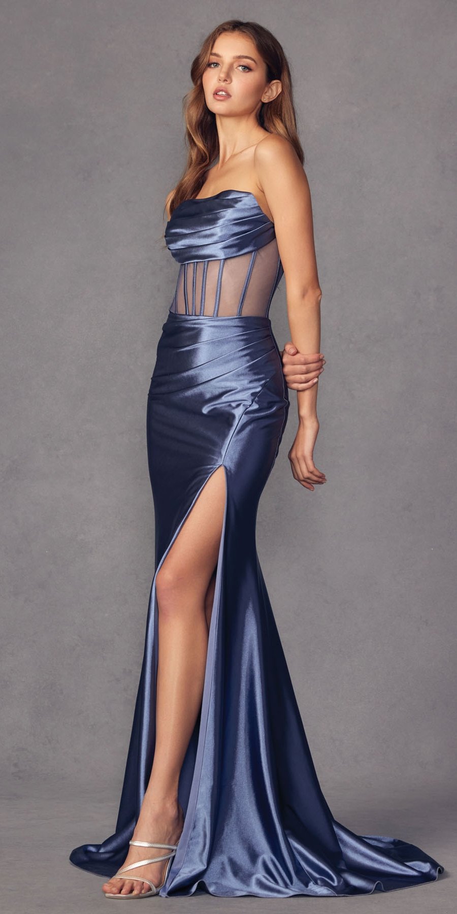 Juliet 2416 Floor Length Strapless Sheer Boned Bodice Slit Satin Dress by DiscountDressShop