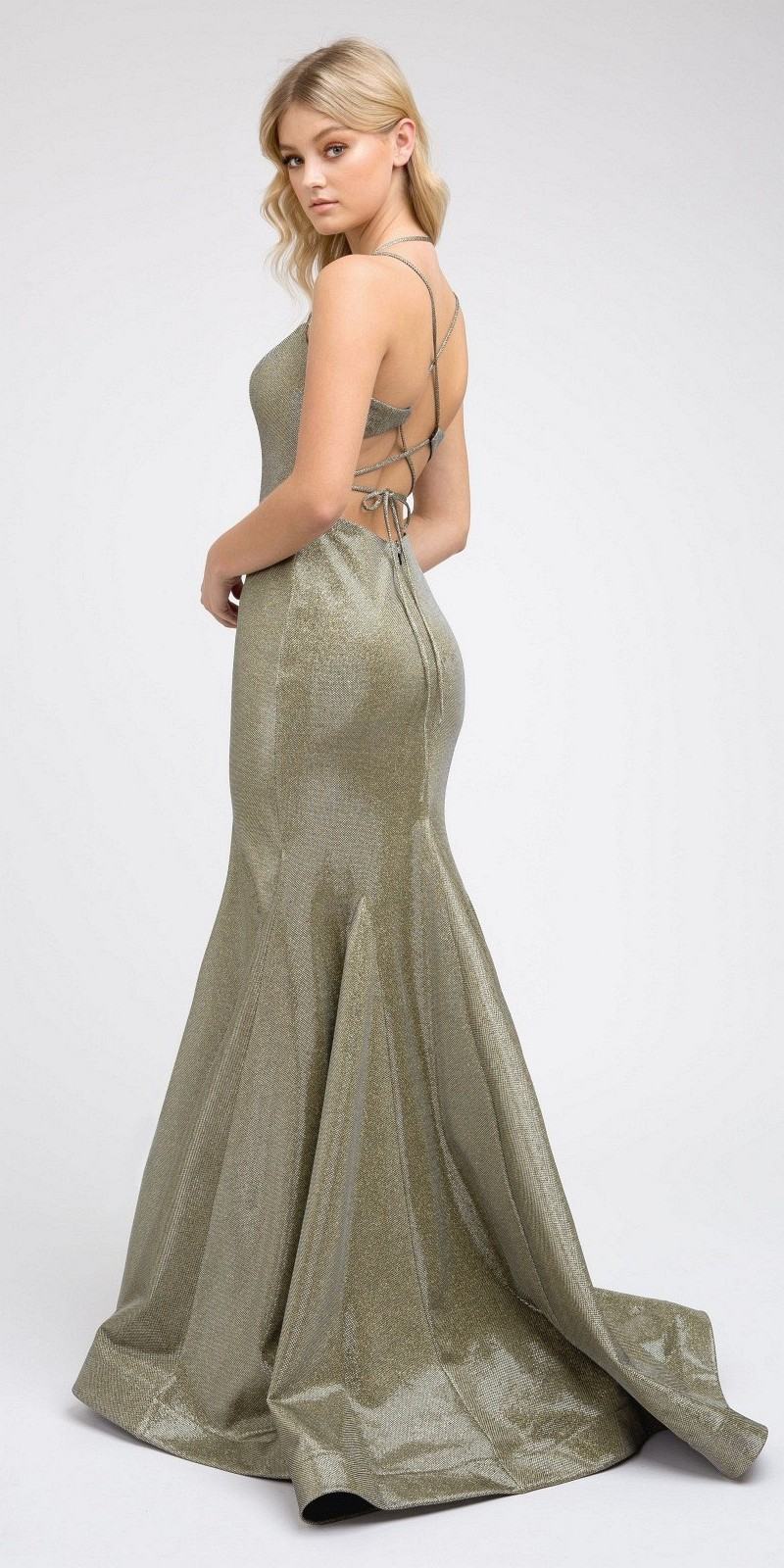 Juliet 242 Metallic Mermaid Long Prom Dress Lace-Up Back by DiscountDressShop