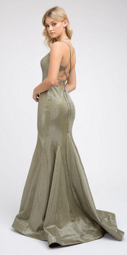 Juliet 242 Metallic Mermaid Long Prom Dress Lace-Up Back by DiscountDressShop