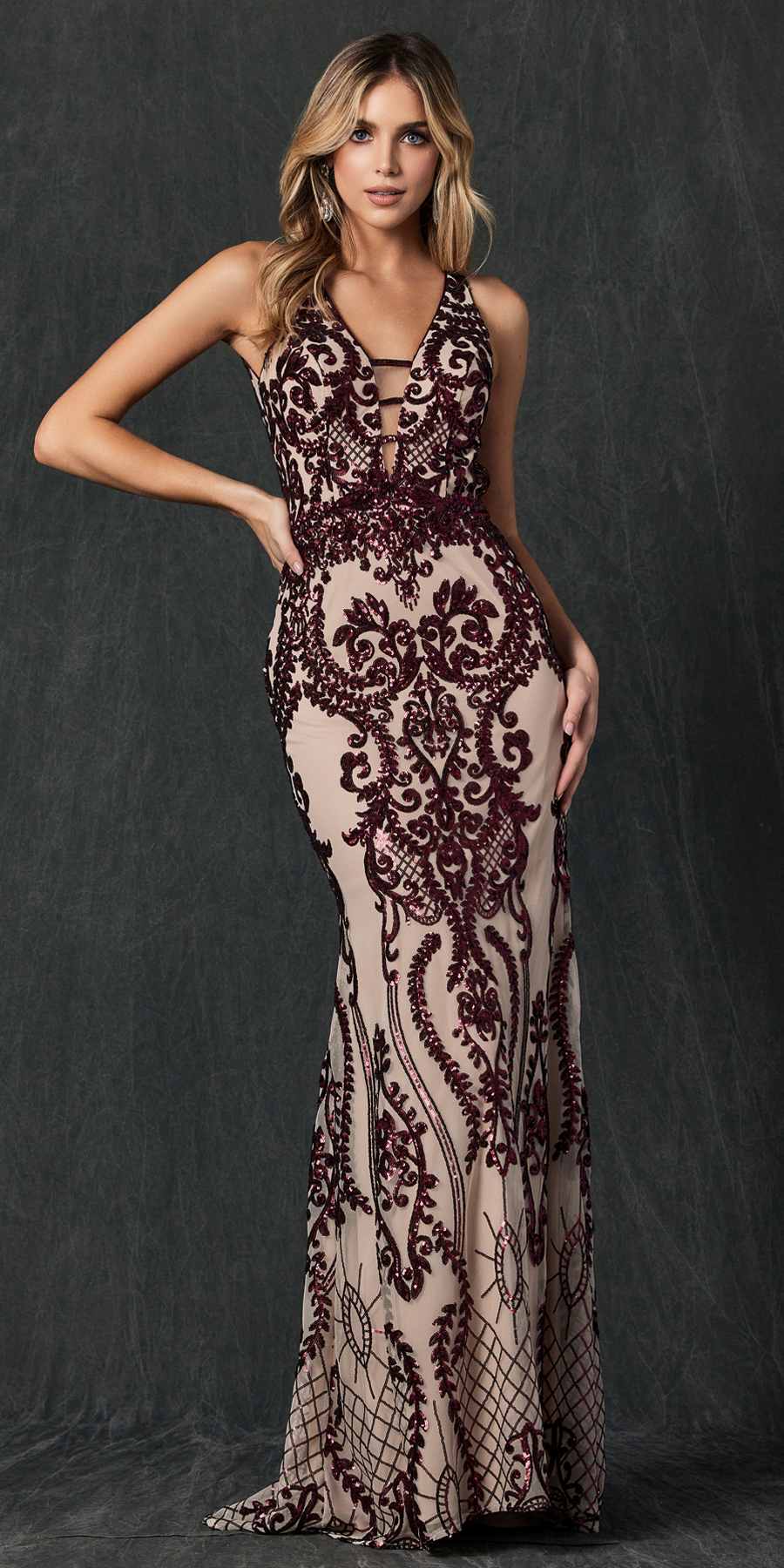 Juliet 243 Sequins Long Evening Dress Cut-Out Back by DiscountDressShop
