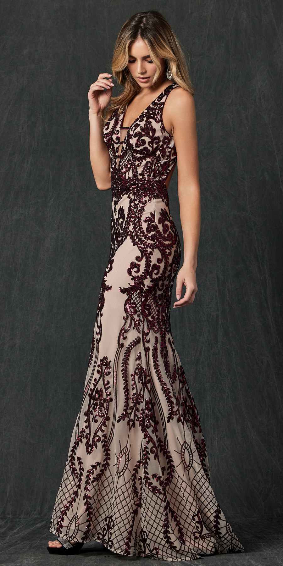 Juliet 243 Sequins Long Evening Dress Cut-Out Back by DiscountDressShop
