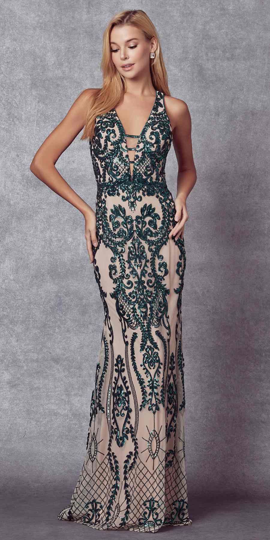 Juliet 243 Sequins Long Evening Dress Cut-Out Back by DiscountDressShop