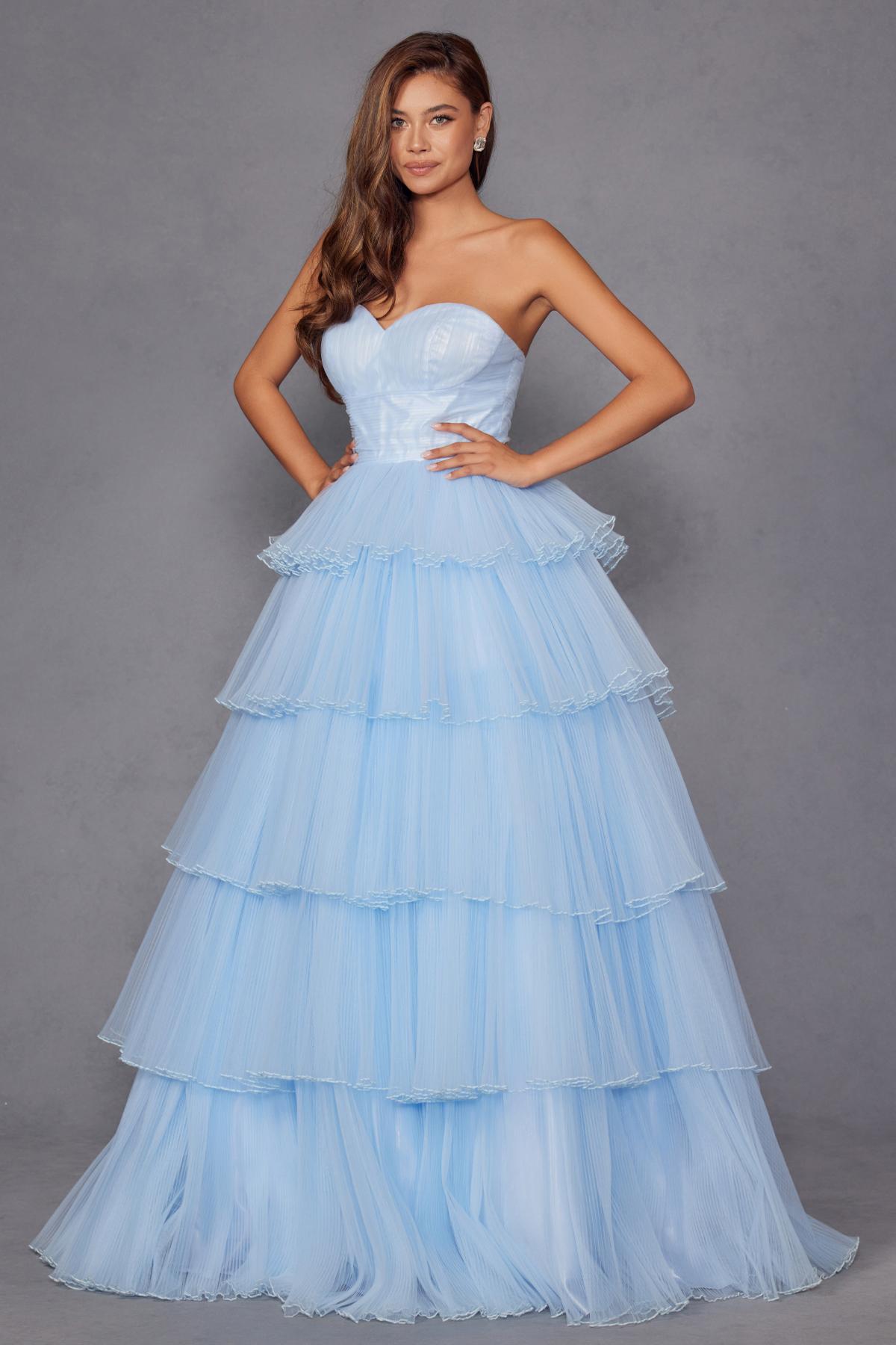 Juliet JT2452K Long Pleated Strapless Tiered Ruffle Tulle A-Line Gown by DiscountDressShop