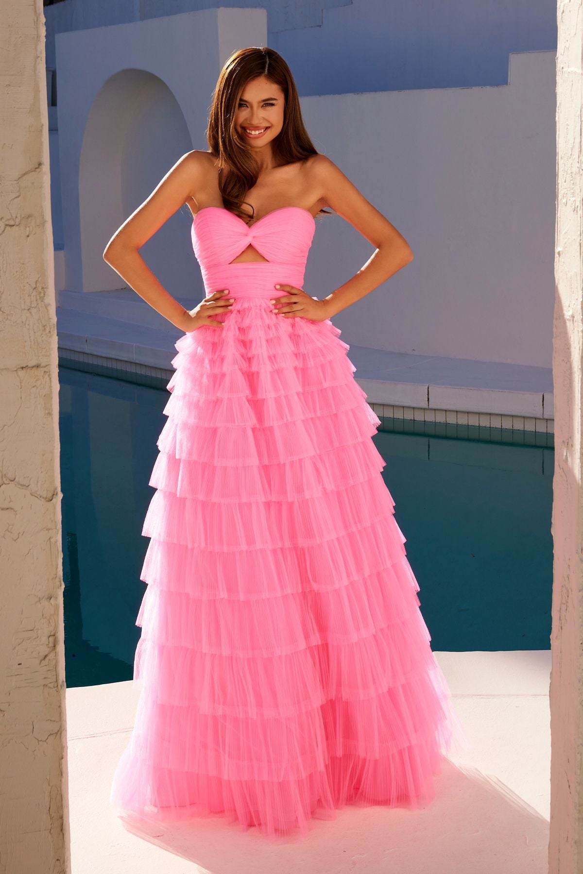Juliet JT2456H Long Strapless Keyhole Tiered Ruffled Tulle A-Line Gown by DiscountDressShop