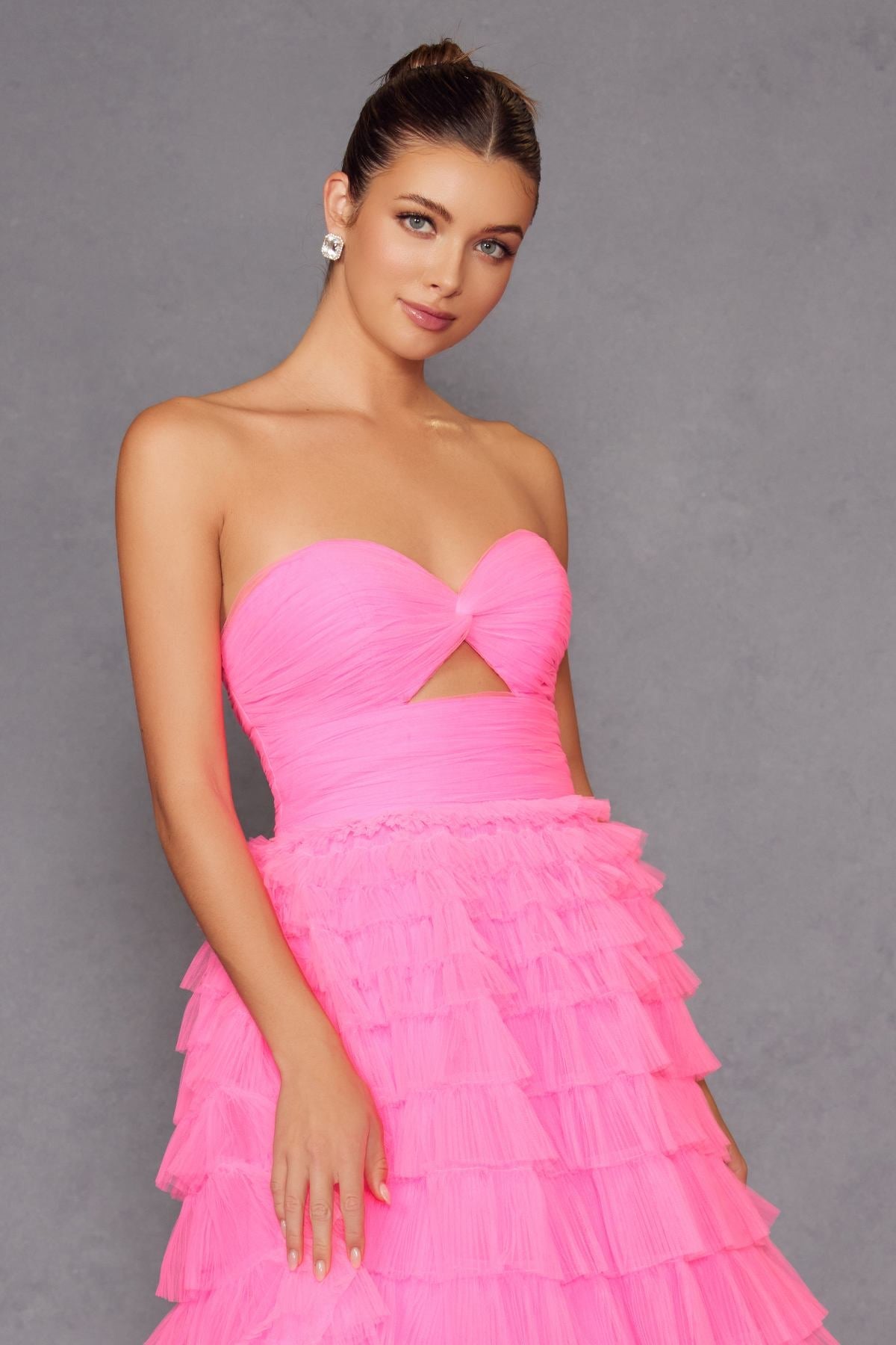 Juliet JT2456H Long Strapless Keyhole Tiered Ruffled Tulle A-Line Gown by DiscountDressShop